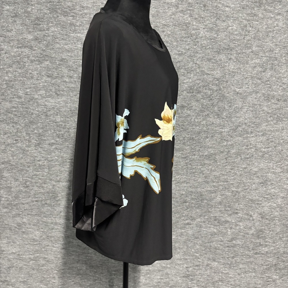 Frank Lyman Blouse Womens 14 Black Floral Kimono Sleeve Scoop Neck Tunic Top - Picture 5 of 13